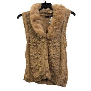 Vintage Brazen Womens Beige Knit Vest W/ Genuine Rabbit Fur Collar Sz S